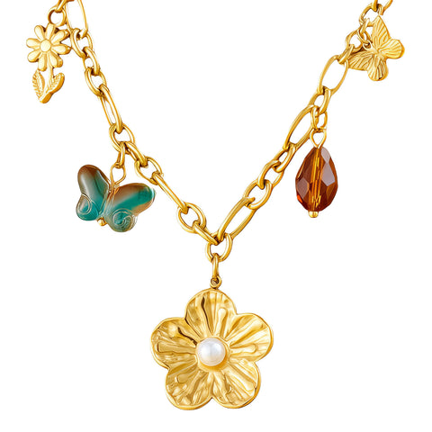 Flower Necklace, 18K Gold Plated Steel